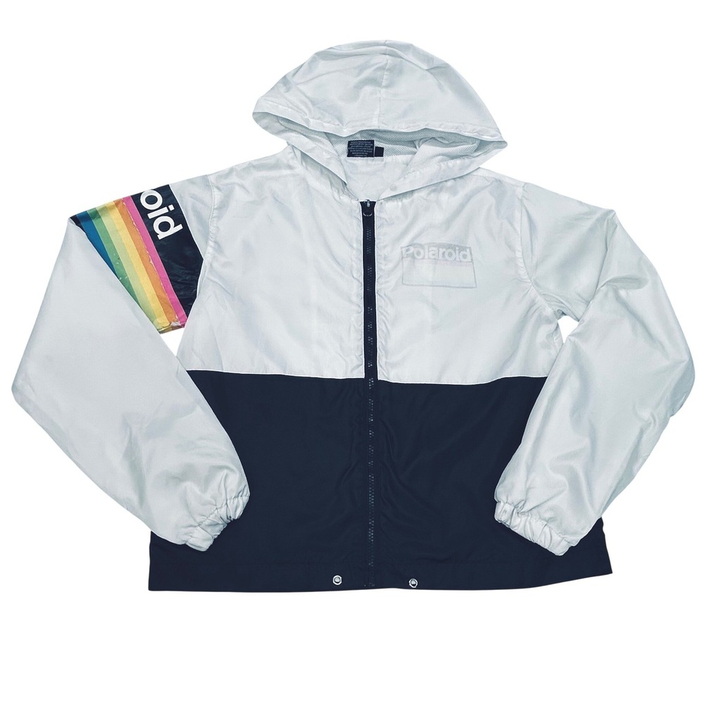Polaroid Rainbow Sleeve‎ Windbreaker Jacket Small White Black Retro Streetwear